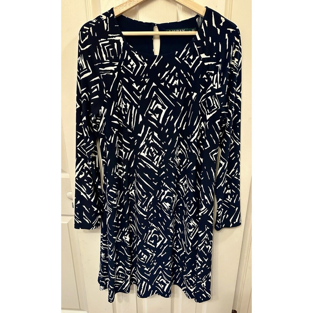 LAUREN RALPH LAUREN Navy Blue White Geometric Size 12 Long Sleeved Lined Dress‎